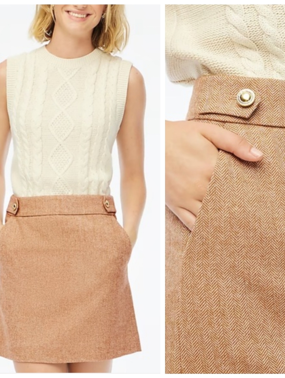 NWT J. Crew Sailor A Line Wool Blend Camel Herringbone Skirt Women's 14 Classic